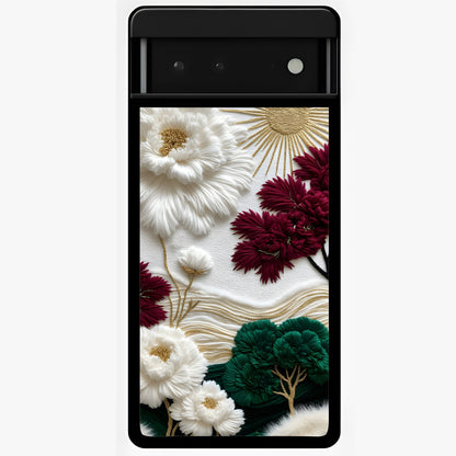 Radiant Bloom Elegance Glass Case showing flat back view with elegant blooming flower artwork and glossy glass finish.