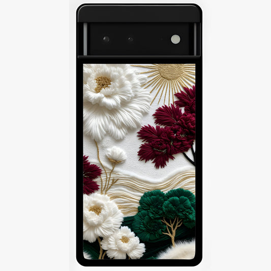 Radiant Bloom Elegance Glass Case showing flat back view with elegant blooming flower artwork and glossy glass finish.