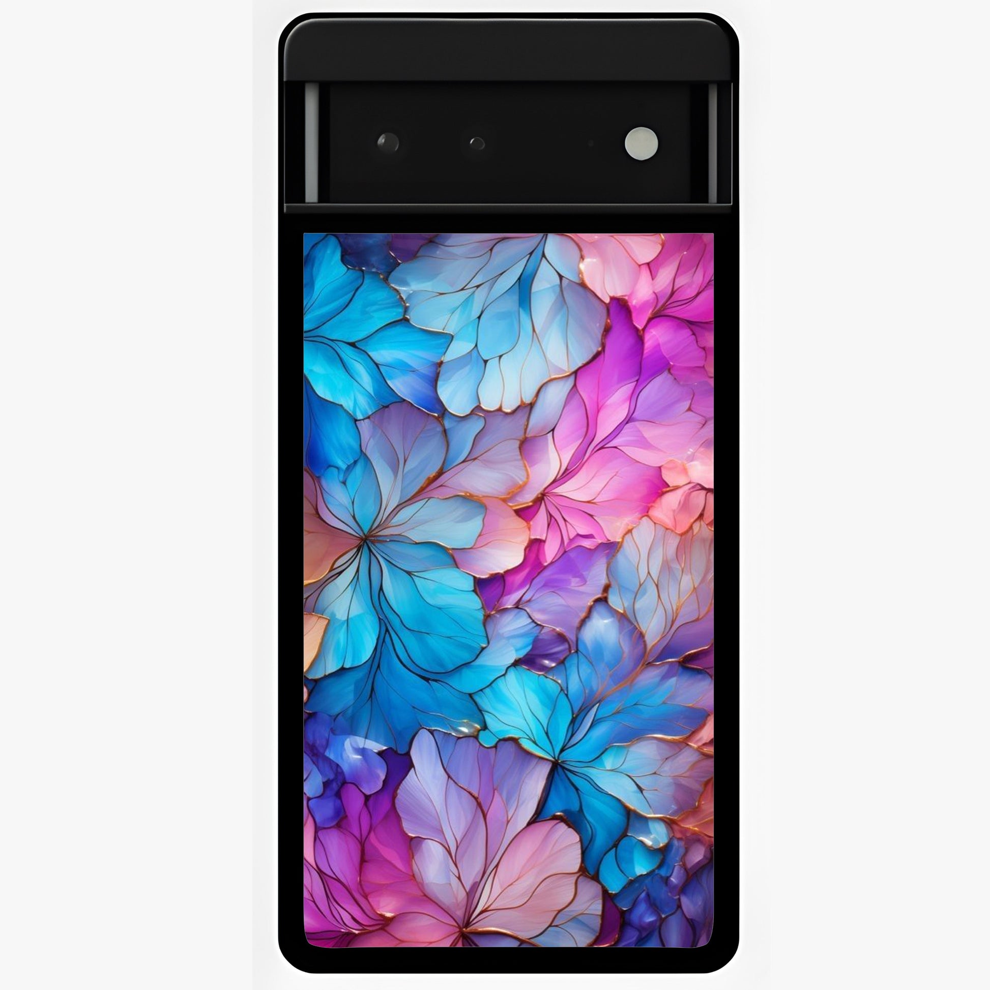 Radiant Floral Whirl Glass Case showing flat back view with swirling floral artwork and glossy glass finish.