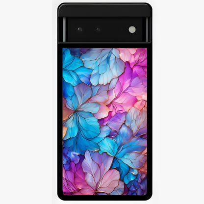 Radiant Floral Whirl Glass Case showing flat back view with swirling floral artwork and glossy glass finish.