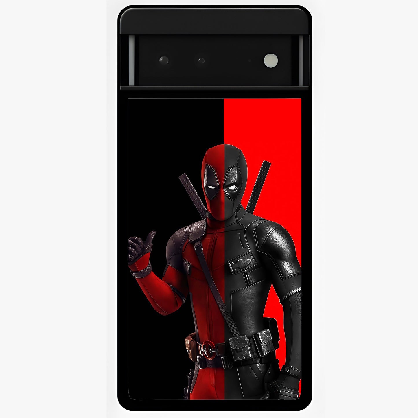 Red & Black Deadpool Theme Glass Case showing flat back view with bold comic inspired artwork and glossy glass finish.