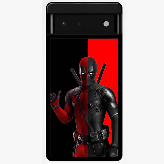 Red & Black Deadpool Theme Glass Case showing flat back view with bold comic inspired artwork and glossy glass finish.