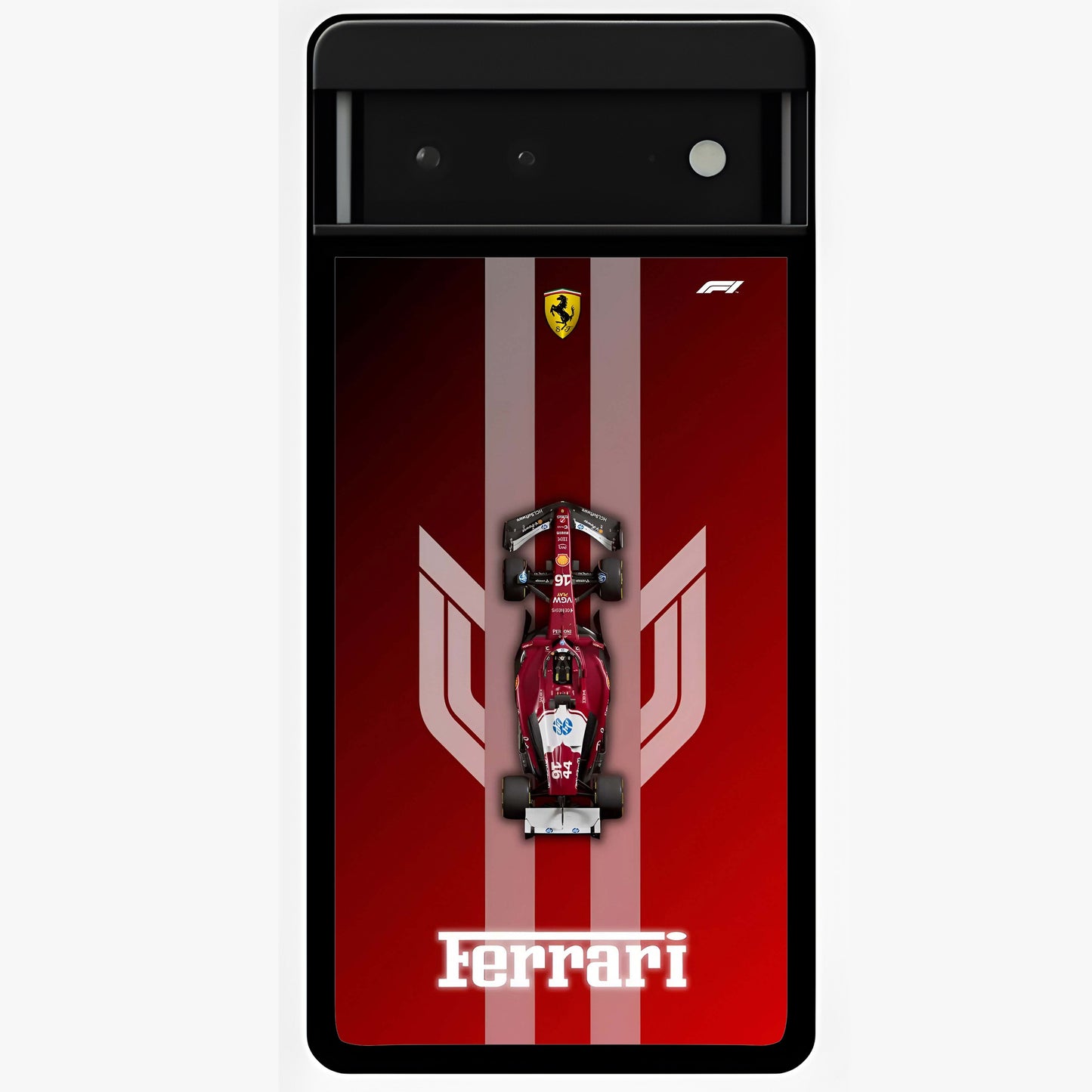 Red Ferrari F1 Vertical Glass Case showing flat back view with sleek Formula racing car artwork and glossy glass finish.