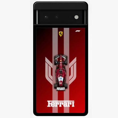 Red Ferrari F1 Vertical Glass Case showing flat back view with sleek Formula racing car artwork and glossy glass finish.
