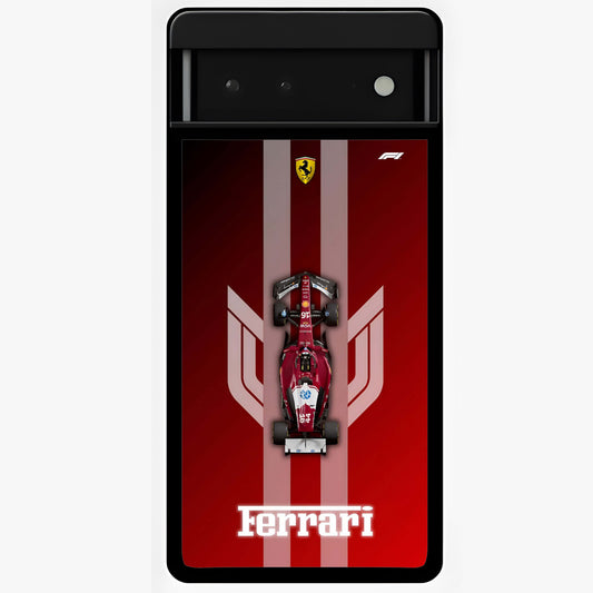 Red Ferrari F1 Vertical Glass Case showing flat back view with sleek Formula racing car artwork and glossy glass finish.