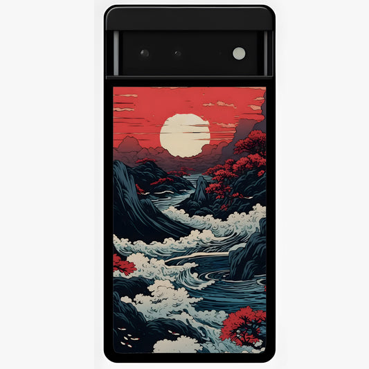 Red Sunset Scenery Glass Case showing flat back view with vibrant sunset landscape artwork and glossy glass finish.