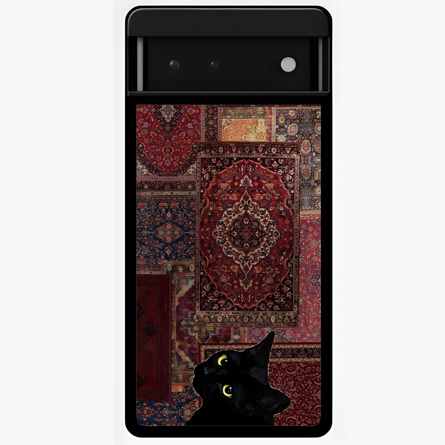 Regal Magic Cat Apple Glass Case showing flat back view with magical cat artwork holding apple and glossy glass finish.