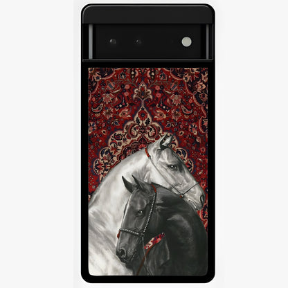 Regal Stallion Tapestry Glass Case showing flat back view with majestic horse tapestry artwork and glossy glass finish.