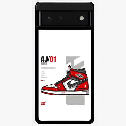 Retro Sneaker Blueprint Glass Case showing flat back view with sneaker blueprint style artwork and glossy glass finish.