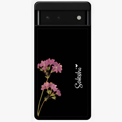 Riching Lavender Flower Custom Name Glass Case showing flat back view with lavender floral artwork and personalized name design.