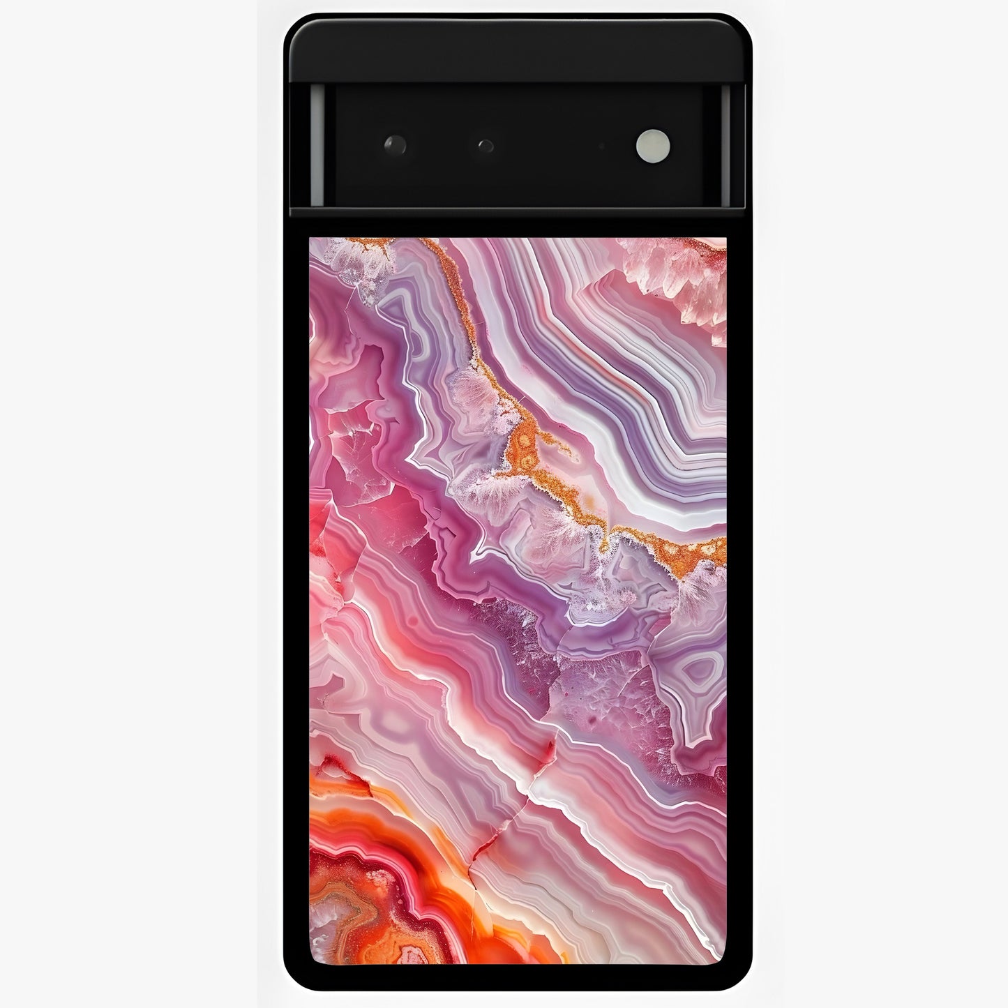 Rose Quartz Marble Glass Case showing flat back view with pink marble quartz texture artwork and glossy glass finish.