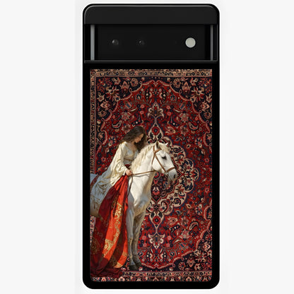 Royal Rider Tapestry Glass Case showing flat back view with majestic horse rider tapestry artwork and glossy glass finish.