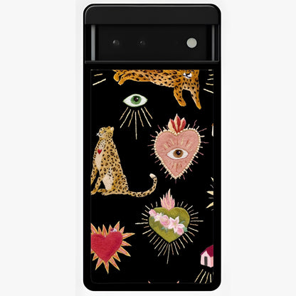 Sacred Jungle Heart Glass Case showing flat back view with jungle inspired heart artwork and glossy glass finish.