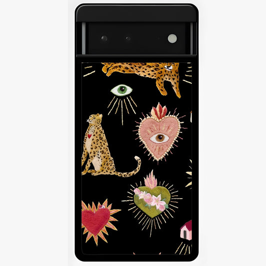 Sacred Jungle Heart Glass Case showing flat back view with jungle inspired heart artwork and glossy glass finish.