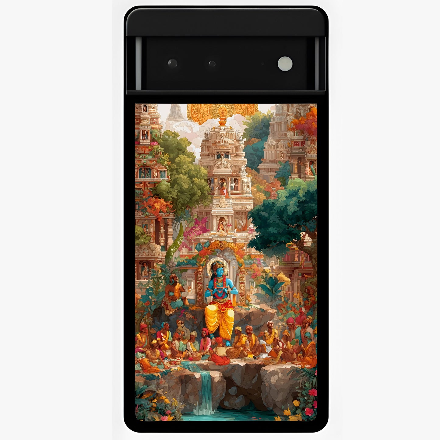 Sacred Sunlight Gods Glass Case showing flat back view with divine sunlight themed artwork and glossy glass finish.