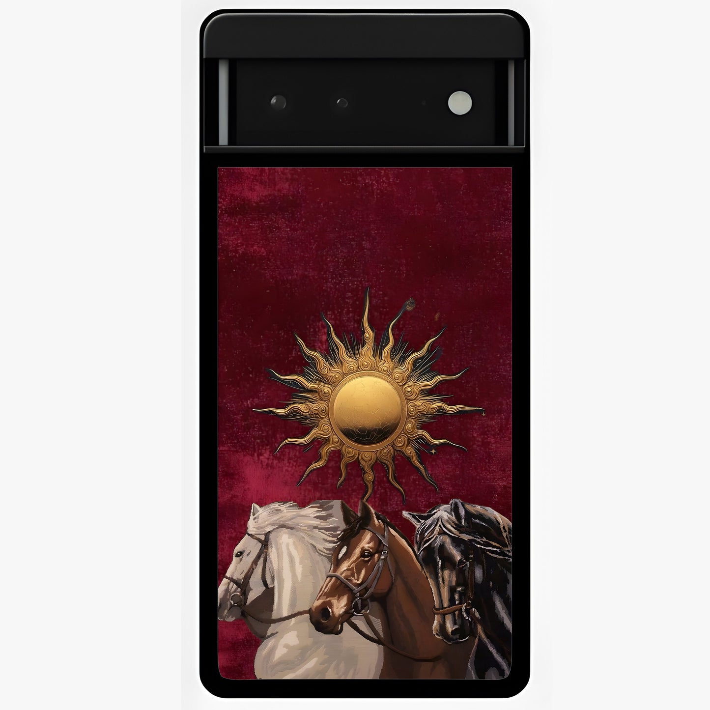 Solar Riders Glass Case showing flat back view with dynamic rider themed artwork and glossy glass finish.