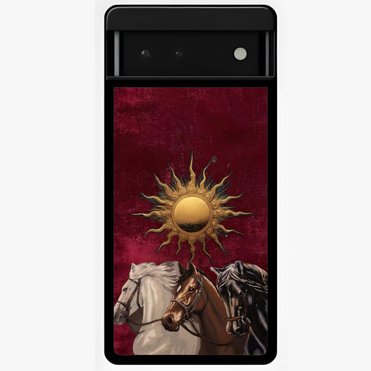 Solar Riders Glass Case showing flat back view with dynamic rider themed artwork and glossy glass finish.
