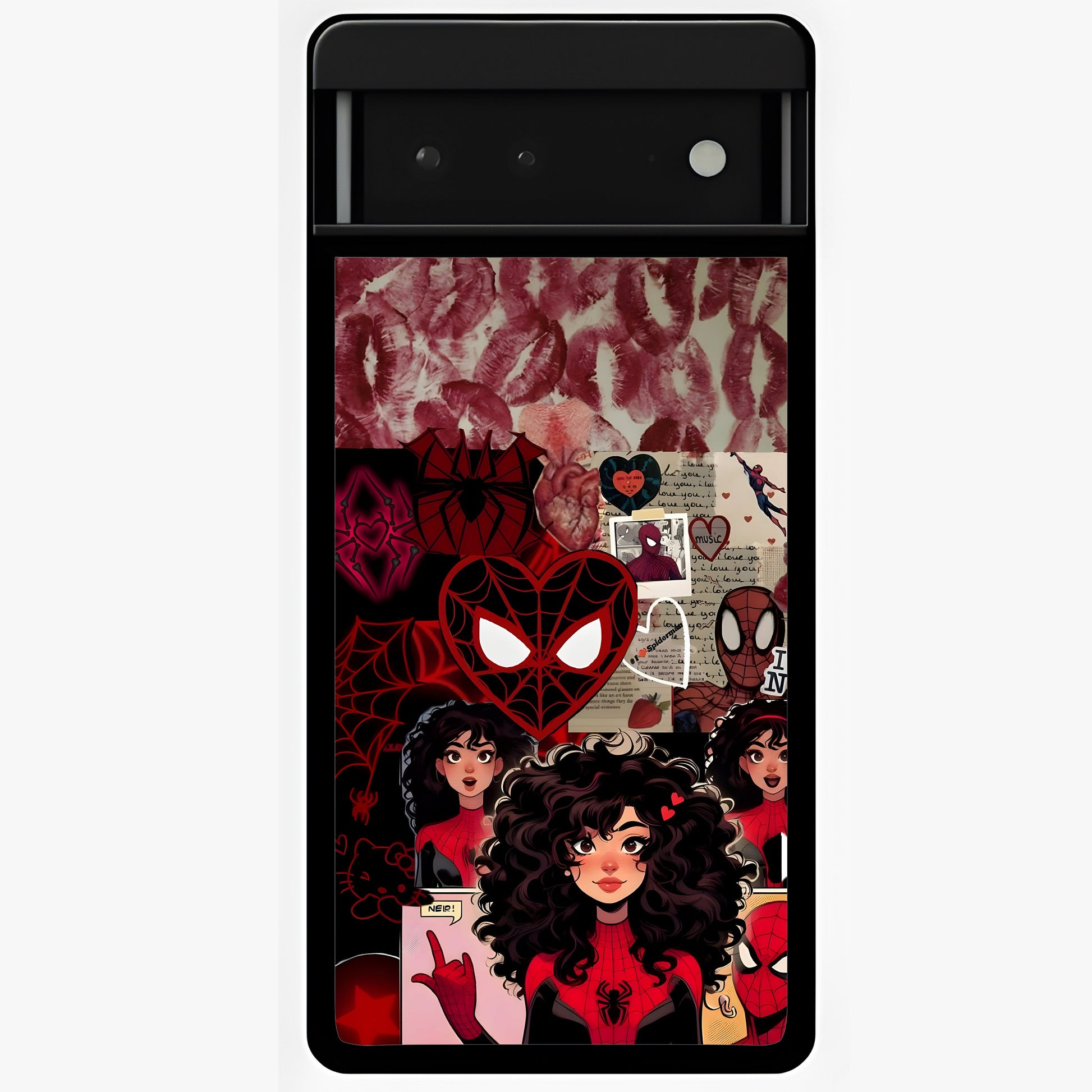 Spider Love Story Glass Case showing flat back view with romantic superhero themed artwork and glossy glass finish.