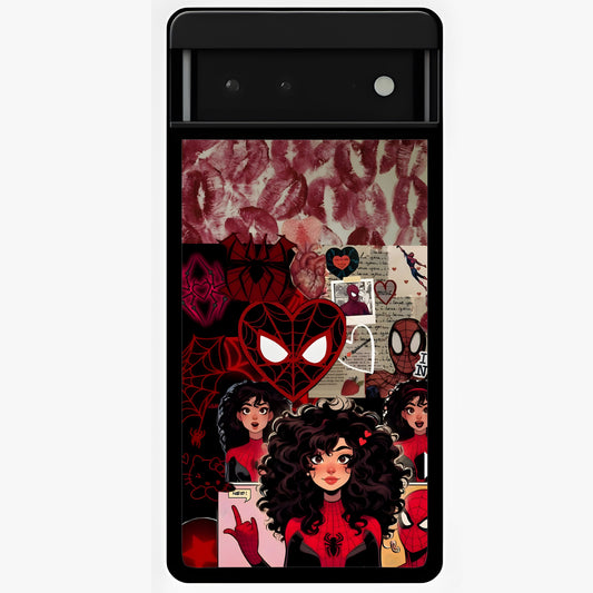 Spider Love Story Glass Case showing flat back view with romantic superhero themed artwork and glossy glass finish.