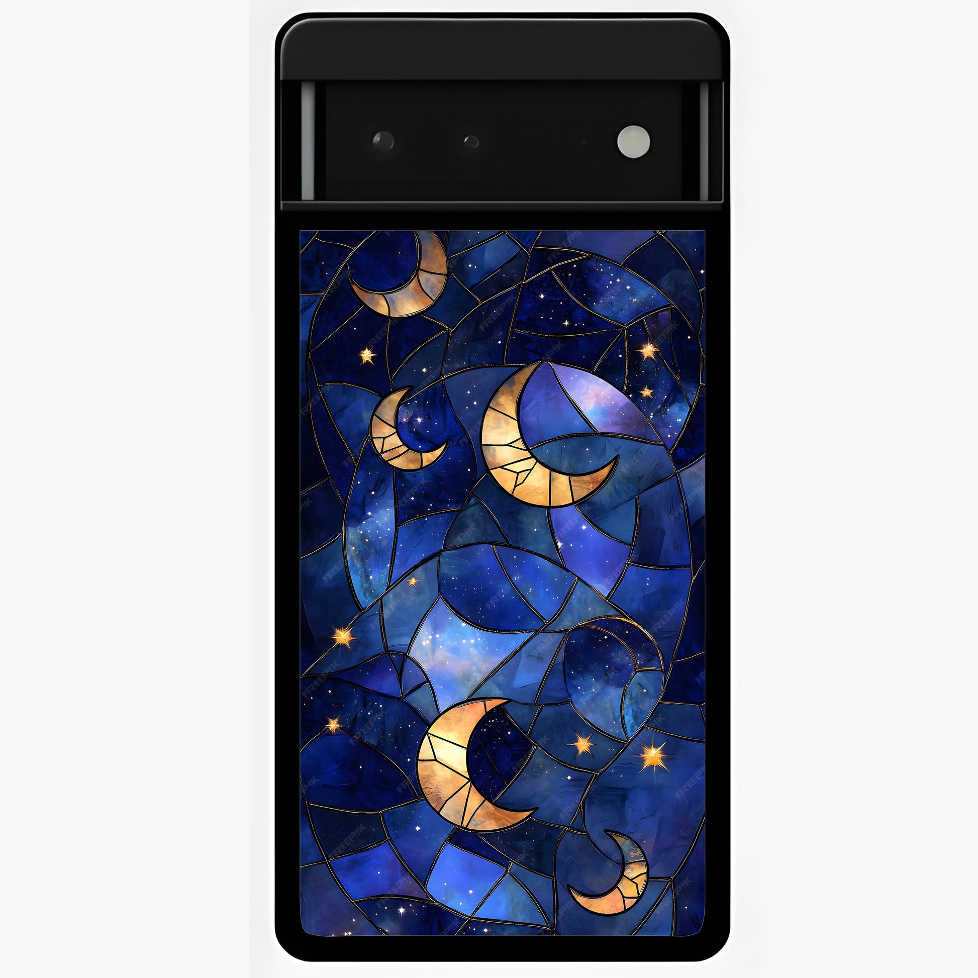 Starlit Sky Tapestry Glass Case showing flat back view with decorative starry sky tapestry artwork and glossy glass finish.