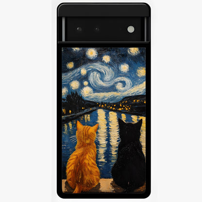 Starry River Cats Glass Case showing flat back view with cats by a starry river artwork and glossy glass finish.