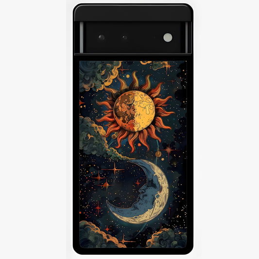 Sun And Moon Magic Design Glass Case showing flat back view with mystical sun and moon artwork and glossy glass finish.
