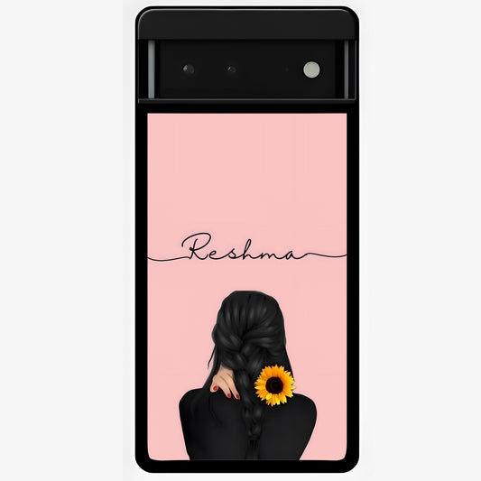 Sunflower Braid Beauty With Custom Name Glass Case showing flat back view with sunflower braid artwork and personalized name design.