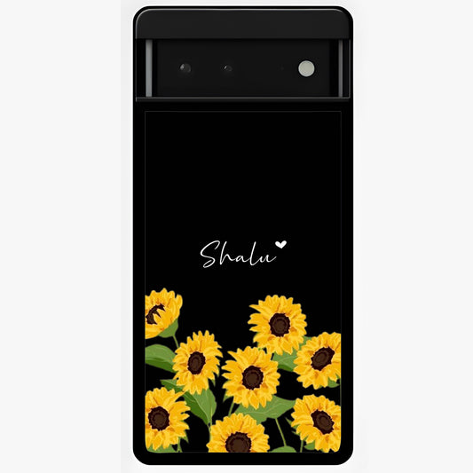 Sunflower Chic Mood Custom Name Glass Case showing flat back view with stylish sunflower artwork and personalized name design.