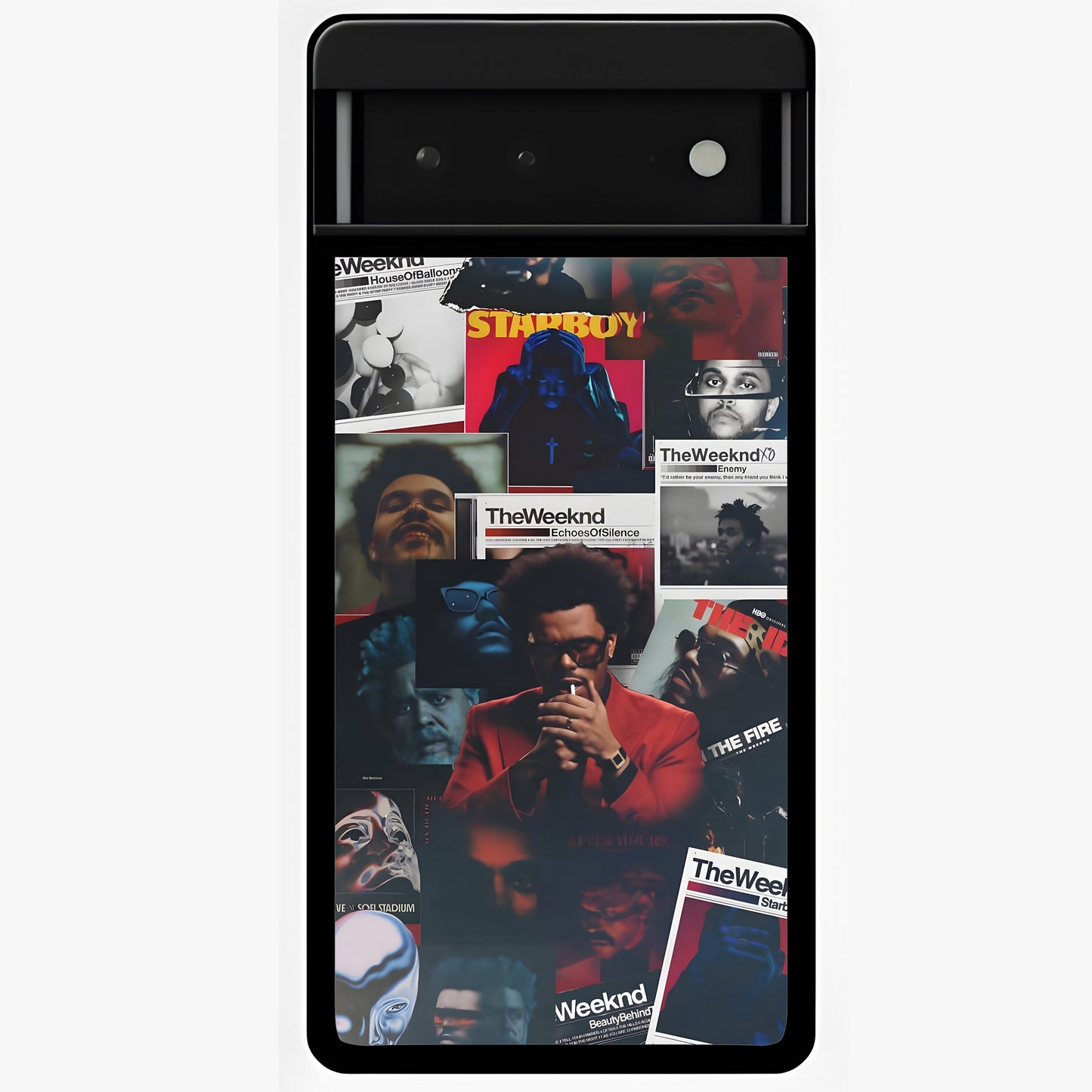 The Weeknd Glass Case showing flat back view with music inspired artistic portrait artwork and glossy glass finish.
