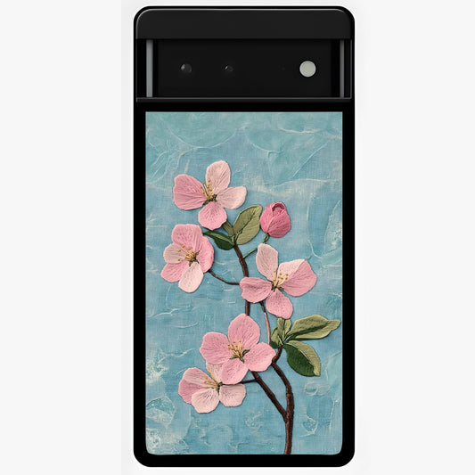 Threaded Blossom Breeze Glass Case showing flat back view with delicate blossom artwork and glossy glass finish.