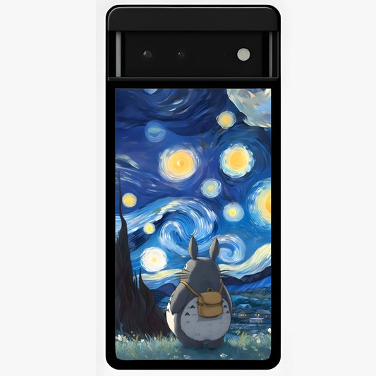 Totoro In Van Gogh Art Glass Case showing flat back view with whimsical character artwork inspired by Van Gogh style and glossy glass finish.