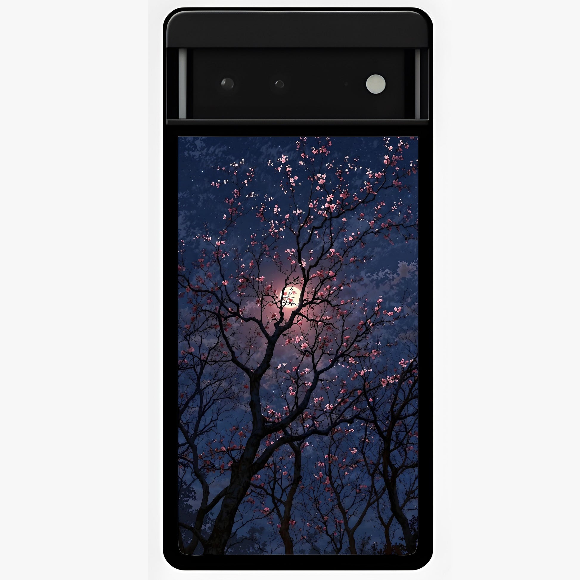 Twilight Sakura Serenade Glass Case showing flat back view with cherry blossom artwork at twilight and glossy glass finish.