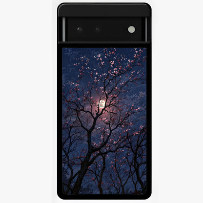 Twilight Sakura Serenade Glass Case showing flat back view with cherry blossom artwork at twilight and glossy glass finish.