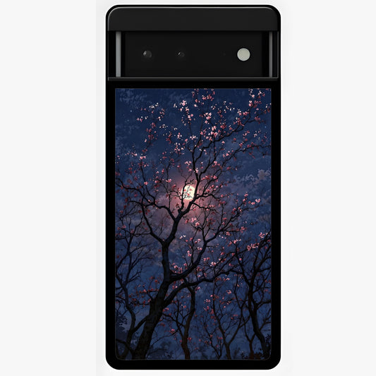Twilight Sakura Serenade Glass Case showing flat back view with cherry blossom artwork at twilight and glossy glass finish.