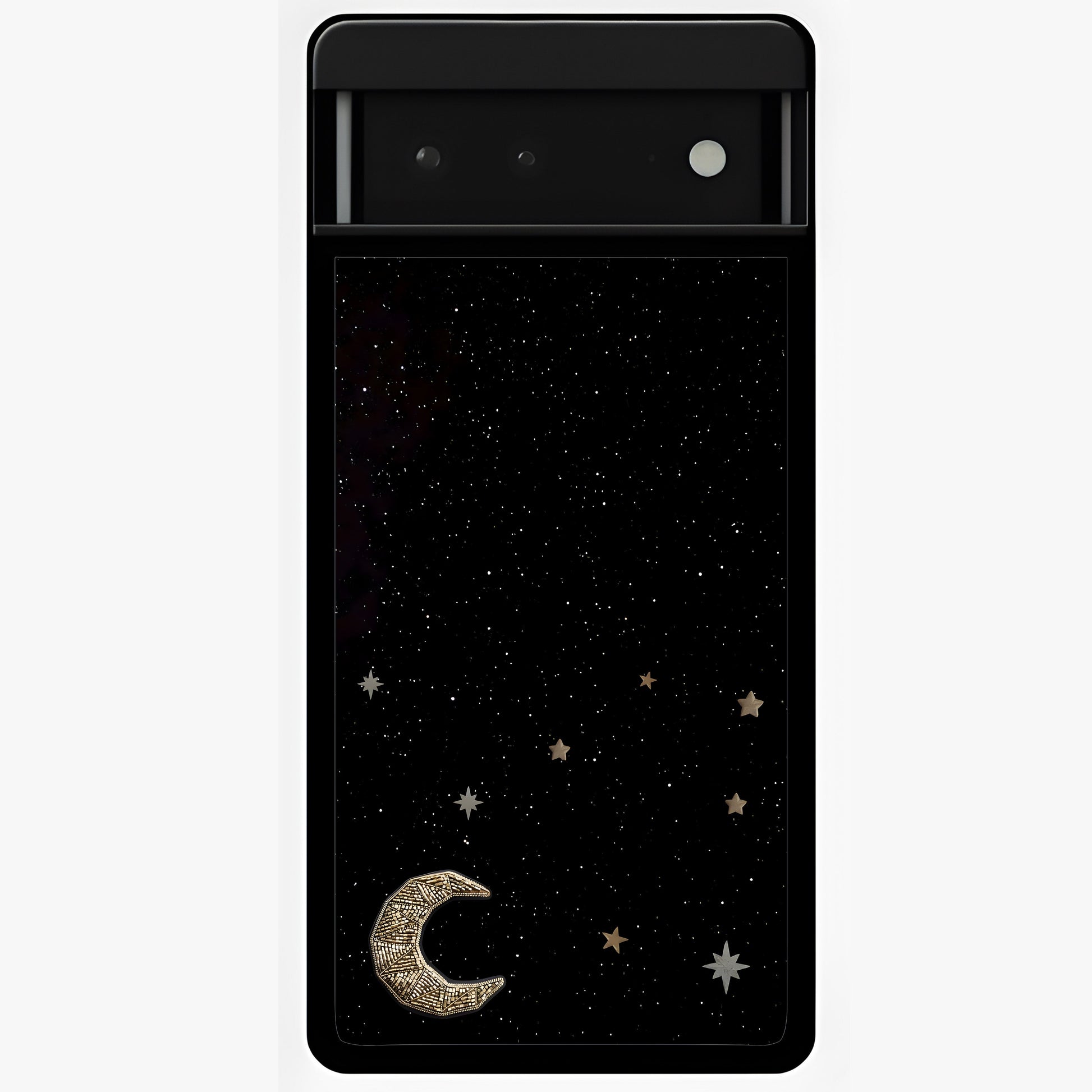 Twinkle Star With Half Moon Glass Case showing flat back view with star and half moon artwork and glossy glass finish.