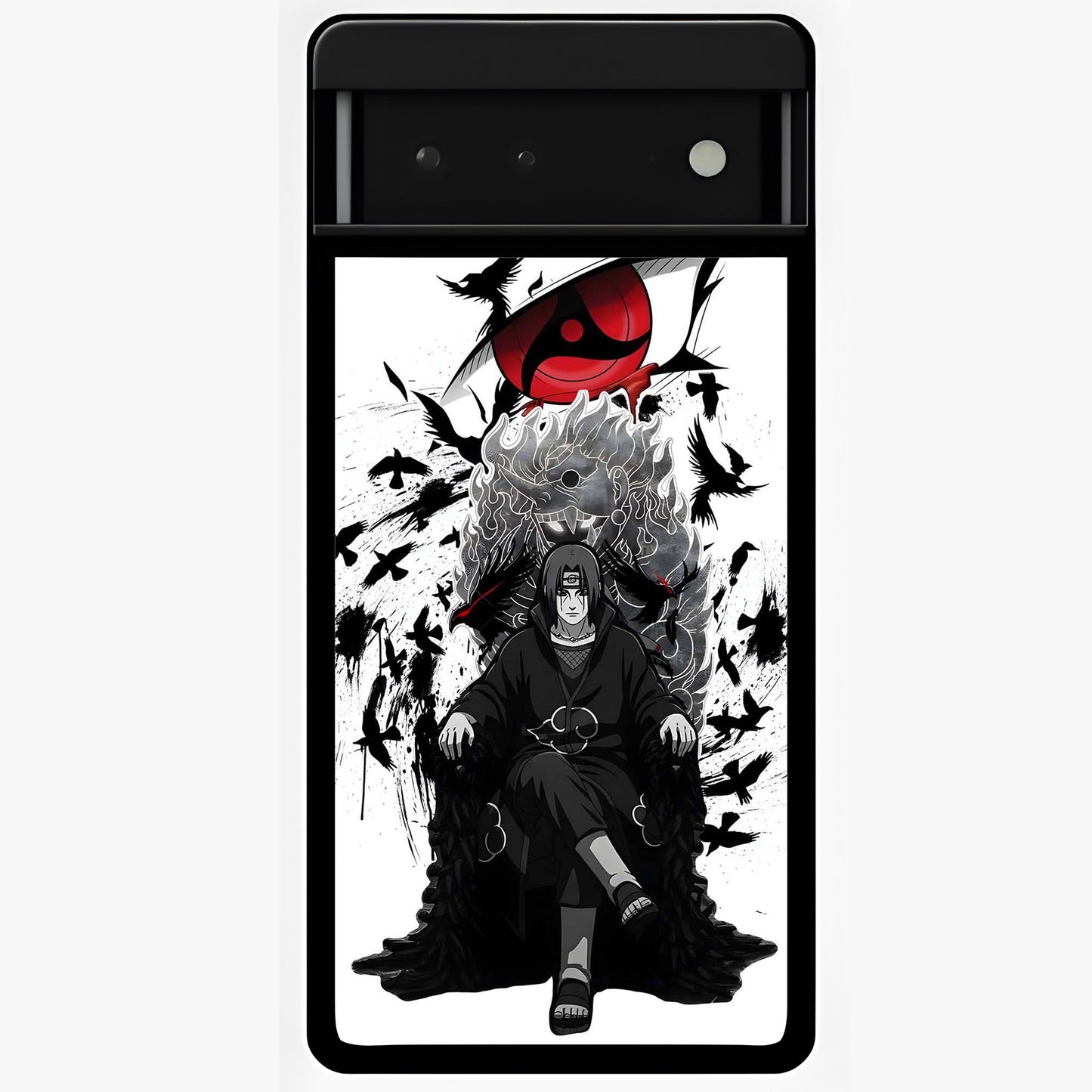 Uchiha Shadow Throne Glass Case showing flat back view with cosmic underwater themed artwork and glossy glass finish.
