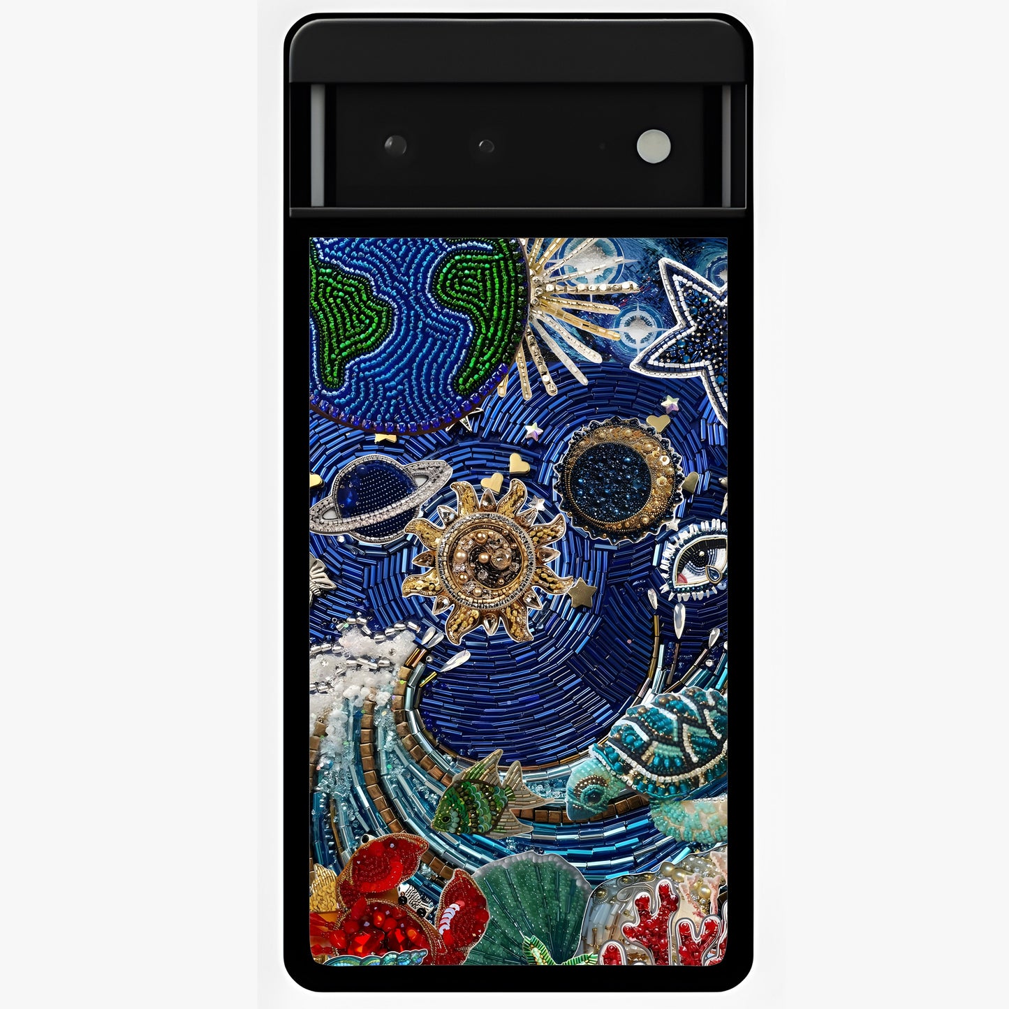 Universe Underwater Spark Glass Case showing flat back view with cosmic underwater themed artwork and glossy glass finish.