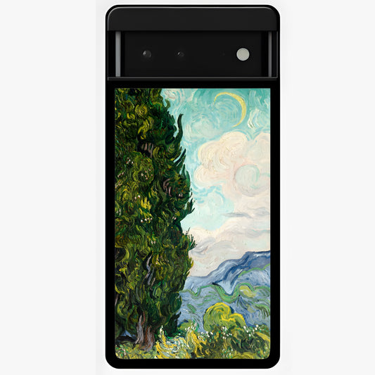 Van Gogh Vintage Art Glass Case showing flat back view with vintage painterly artwork inspired by Van Gogh style and glossy glass finish.