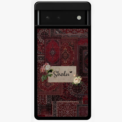 Velvet Wine Pattern Custom Name Glass Case showing flat back view with elegant wine colored pattern artwork and personalized name design.