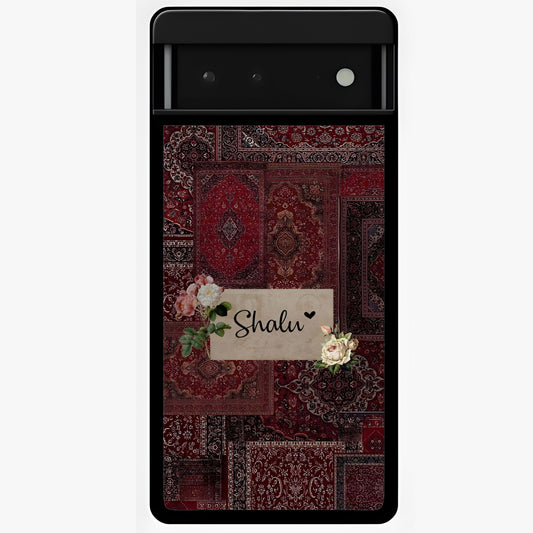 Velvet Wine Pattern Custom Name Glass Case showing flat back view with elegant wine colored pattern artwork and personalized name design.