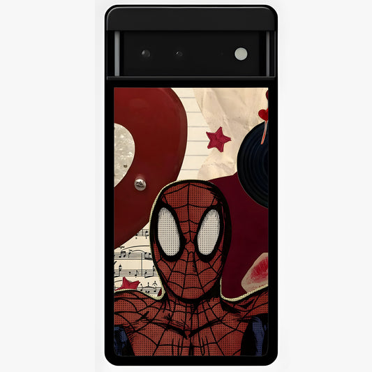 Web Warrior Vibes Glass Case showing flat back view with superhero inspired web themed artwork and glossy glass finish.