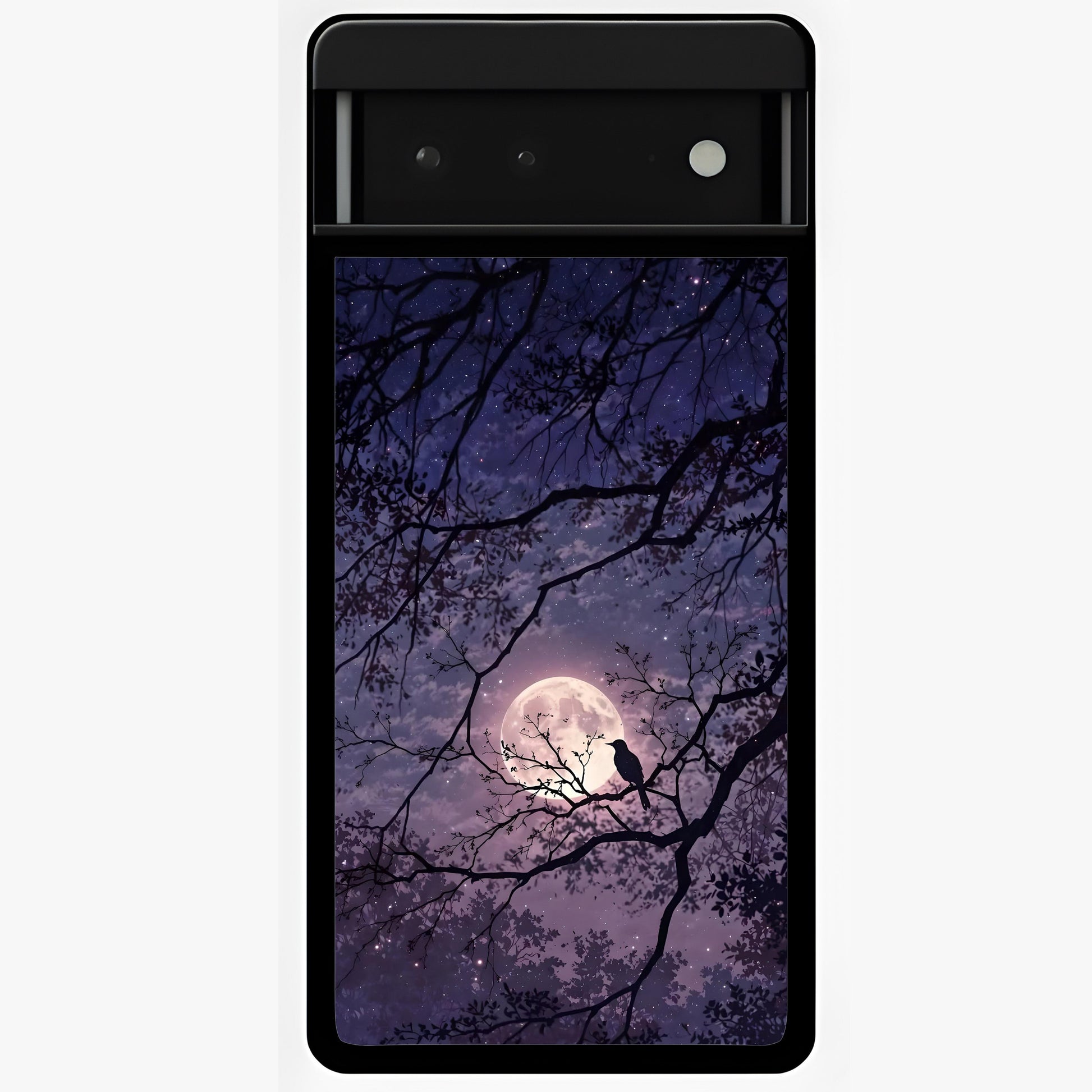 Whispering Moon Silence Glass Case showing flat back view with serene moon themed artwork and glossy glass finish.