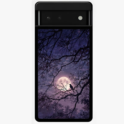 Whispering Moon Silence Glass Case showing flat back view with serene moon themed artwork and glossy glass finish.