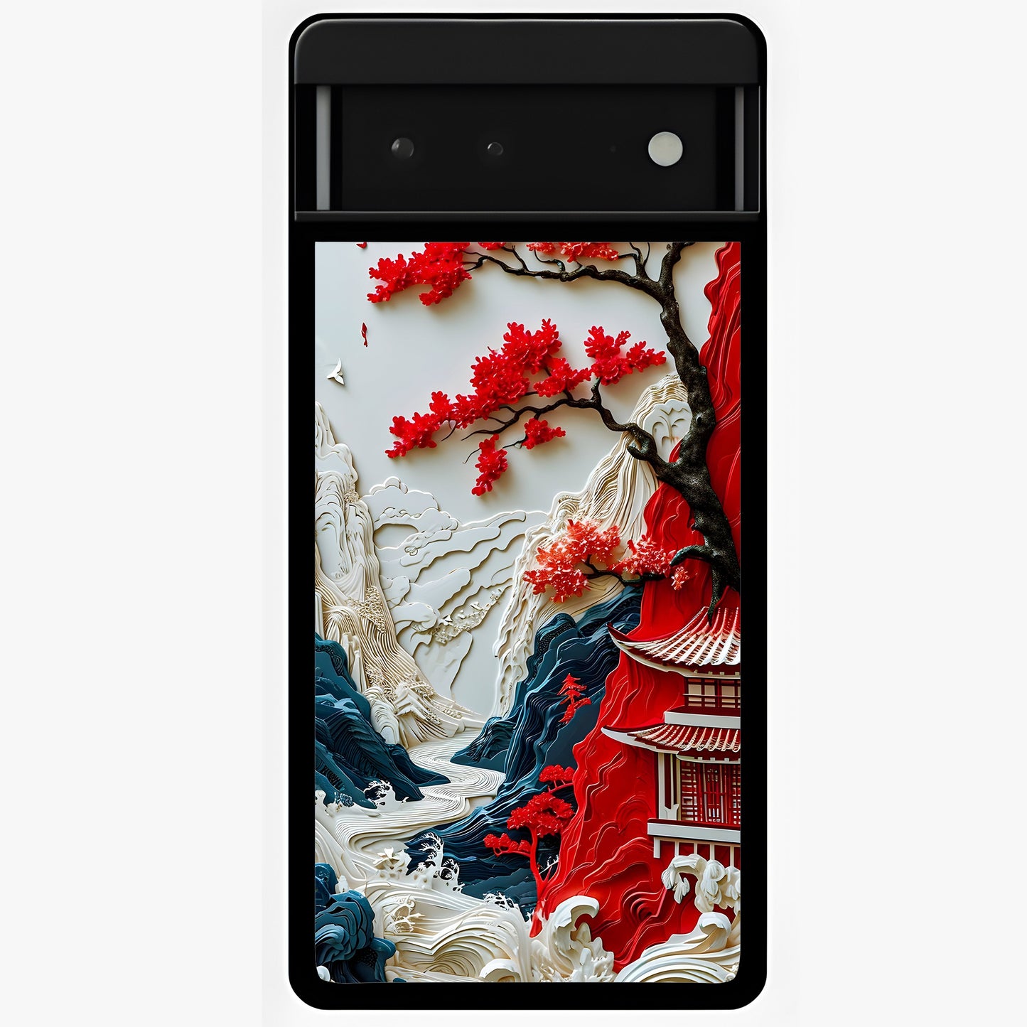 Whispers Of Sakura Waves Glass Case showing flat back view with cherry blossom wave artwork and glossy glass finish.