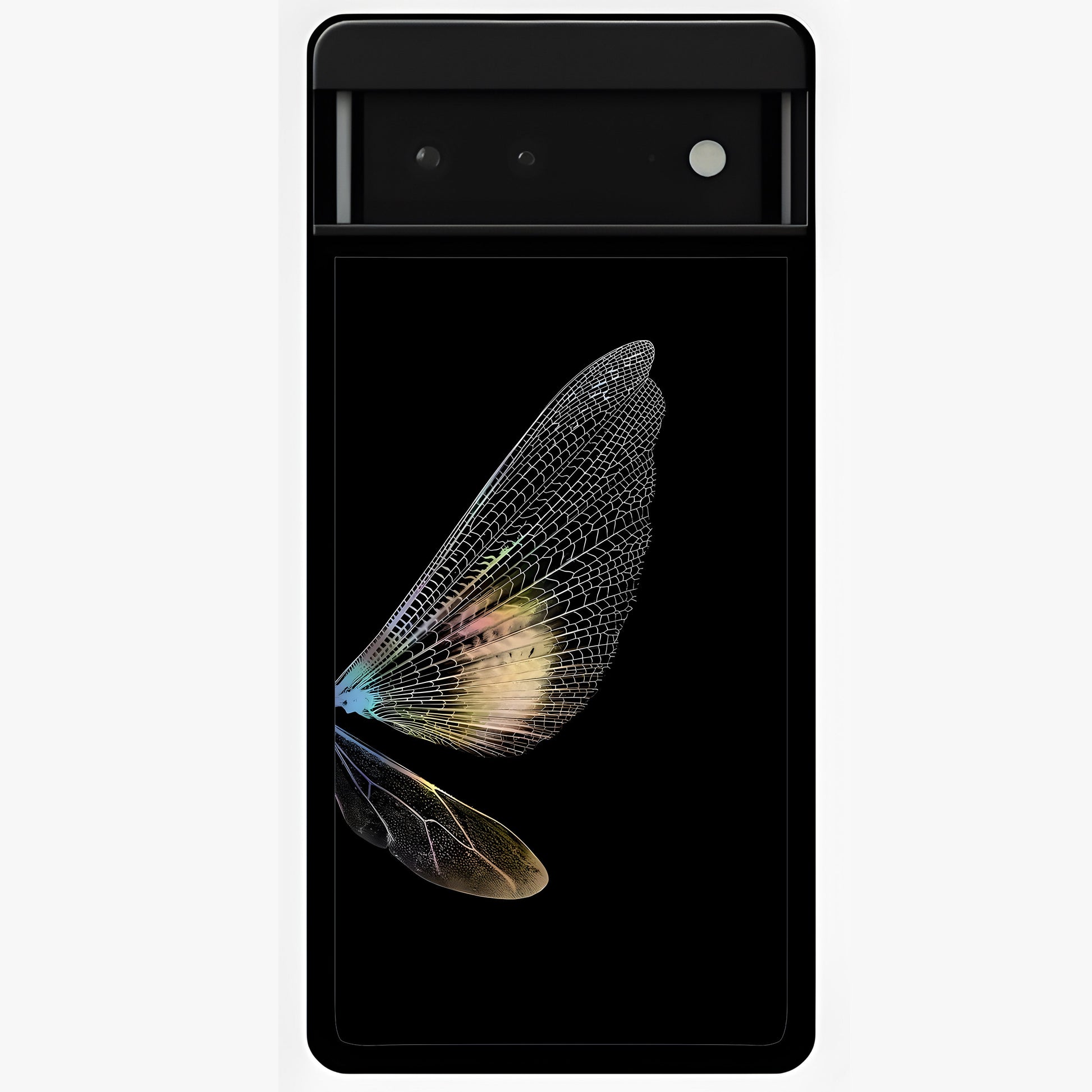 Whispers Of Wings Glass Case showing flat back view with graceful wing inspired artwork and glossy glass finish.