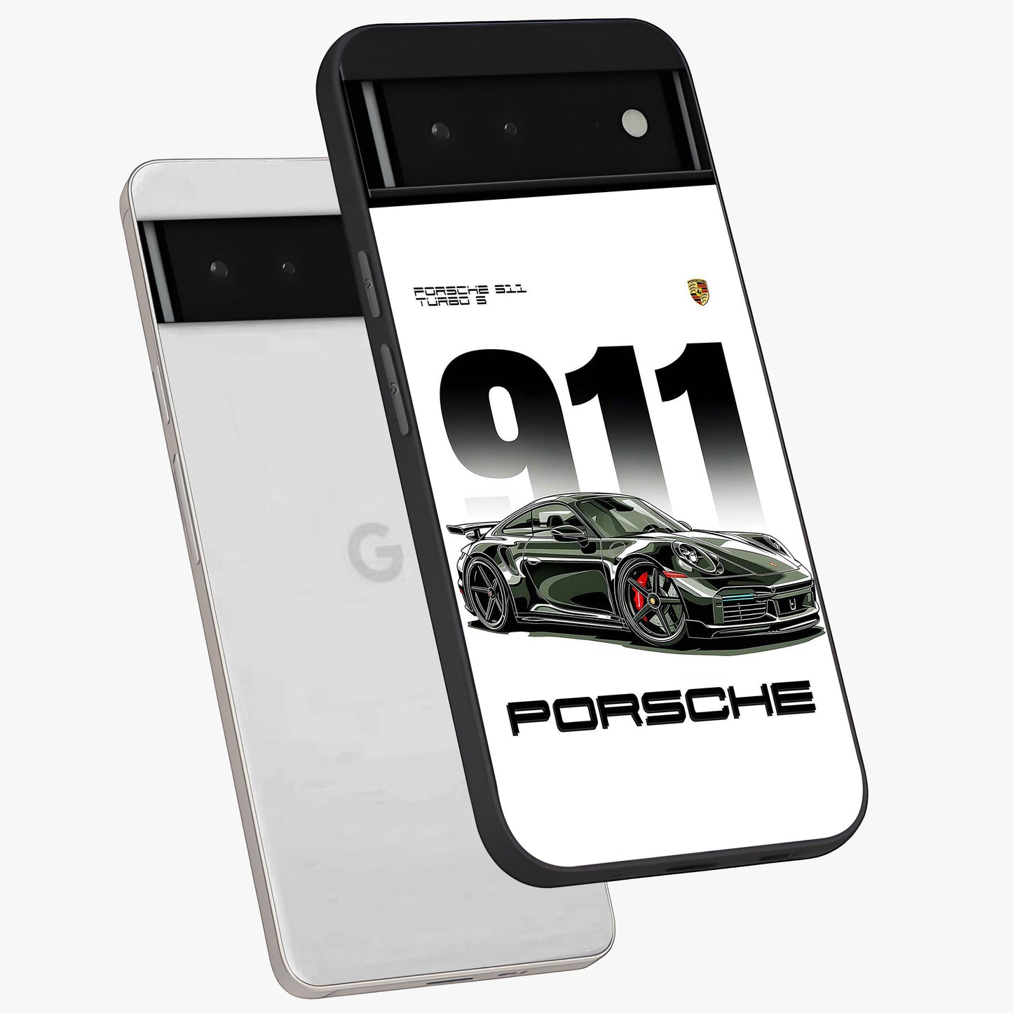 911 Turbo Dominance Glass Case displayed in premium angled mockup highlighting sporty car illustration and sleek glass surface.