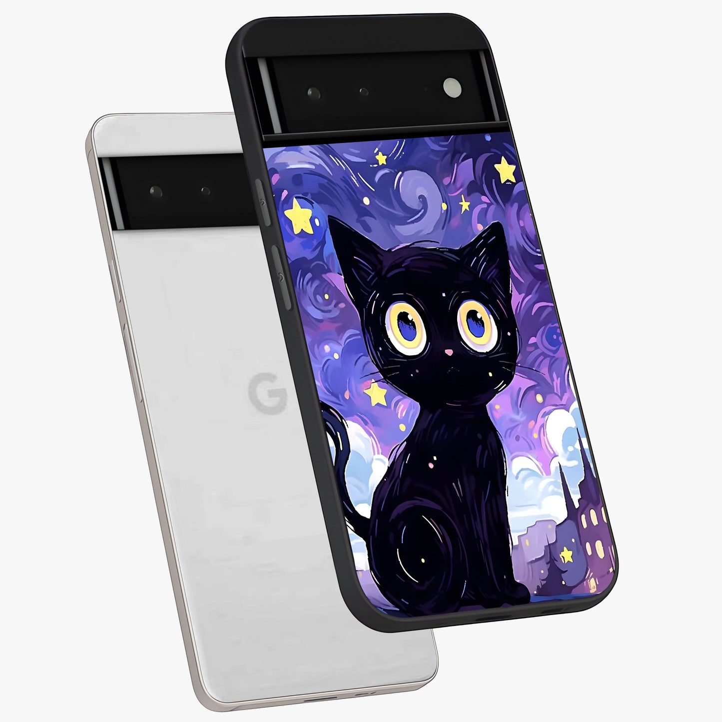 Abstract Cat Art Glass Case displayed in angled mockup highlighting modern abstract cat artwork and sleek glass surface.