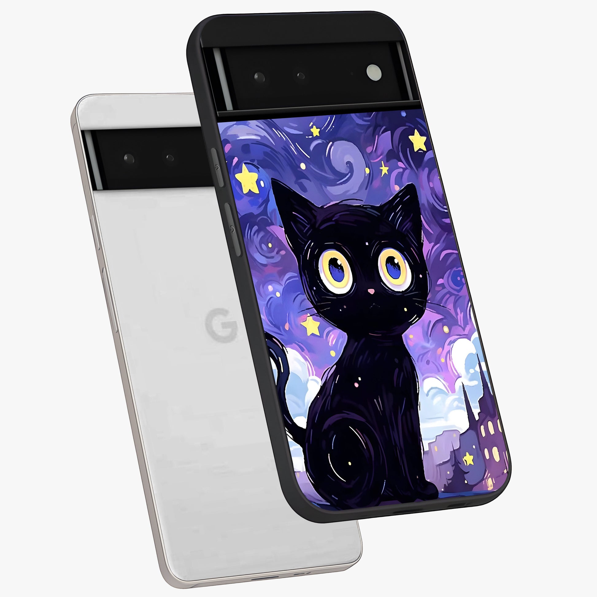 Abstract Cat Art Glass Case displayed in angled mockup highlighting modern abstract cat artwork and sleek glass surface.