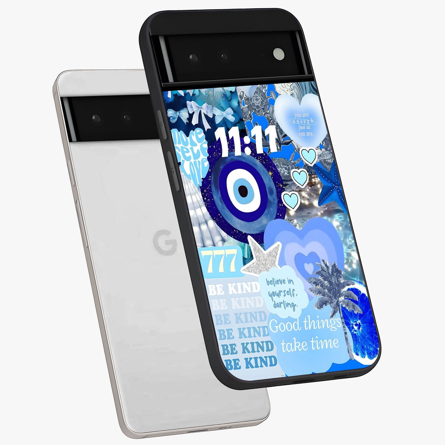 Aesthetic Be Kind Eye Glass Case displayed in angled mockup highlighting aesthetic eye design and inspirational vibe.