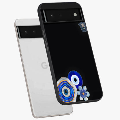 Aesthetic Blue Evil Eye Glass Case displayed in angled mockup highlighting blue evil eye symbol and spiritual aesthetic design.